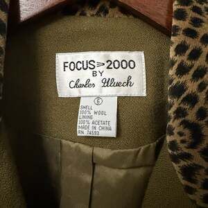 Vintage Focus 2000 Olive Green Wool Blend Zip Front Blazer with Leopard Print Tr
